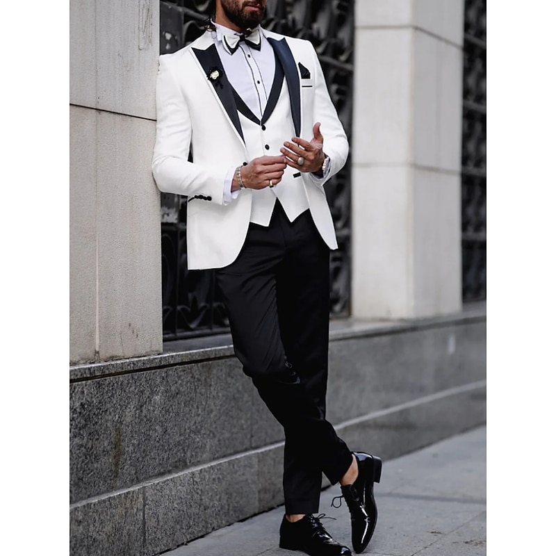 Men's Wedding Party Suits Peak Light Yellow White Solid Colored Tailored Fit 2 Piece Single Breasted One-button3