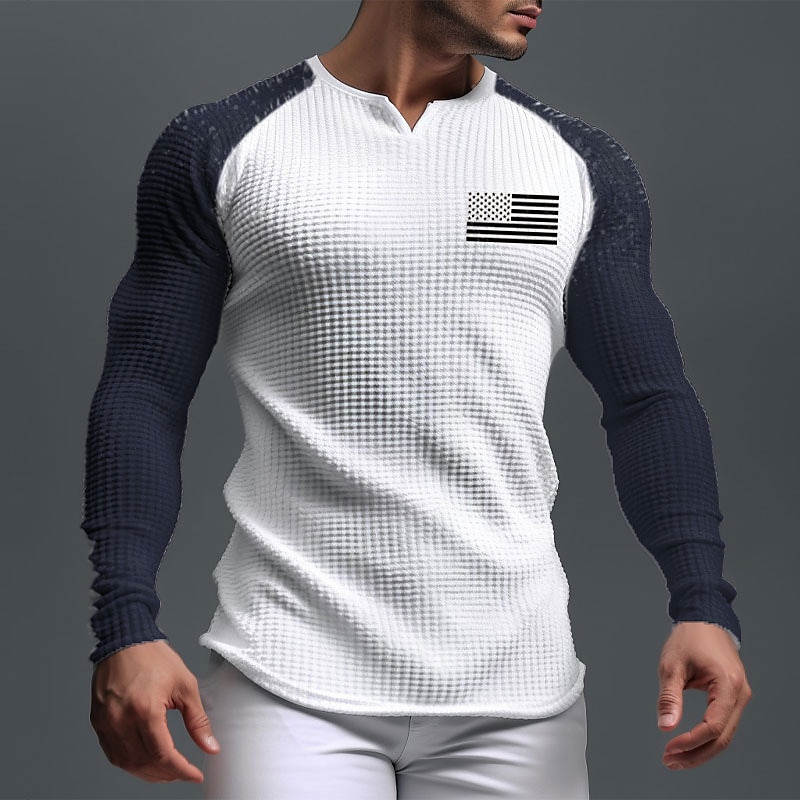 Men's Graphic National Flag T Shirt Raglan T Shirt Waffle T Shirt Long Sleeve T shirt 3D Print V Neck Shirt Daily Classic Outdoor Sports Outdoor Casual Going out White Brown Dark Blue Spring &  Fall