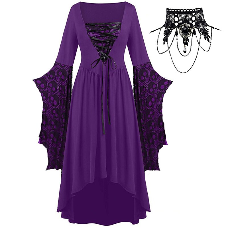 Sets with Medieval Dress with Bell Sleeves Lace Tattoo Choker Necklace 2 PCS Retro Vintage Punk Goth Style Witches Outfits Women's Cosplay Costume Carnival Party Casual Daily4
