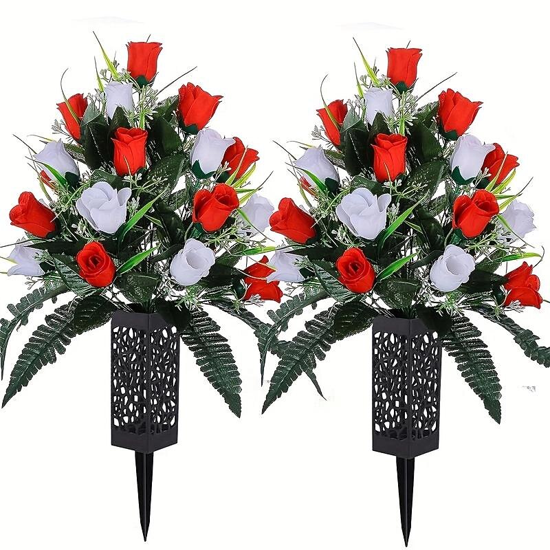1pc Artificial Cemetery Flowers, Rose Flowers, Outdoor Grave Decorations Roses, Lasting & Non-Bleed Colors, Red & White, Without Cemetery Vase
