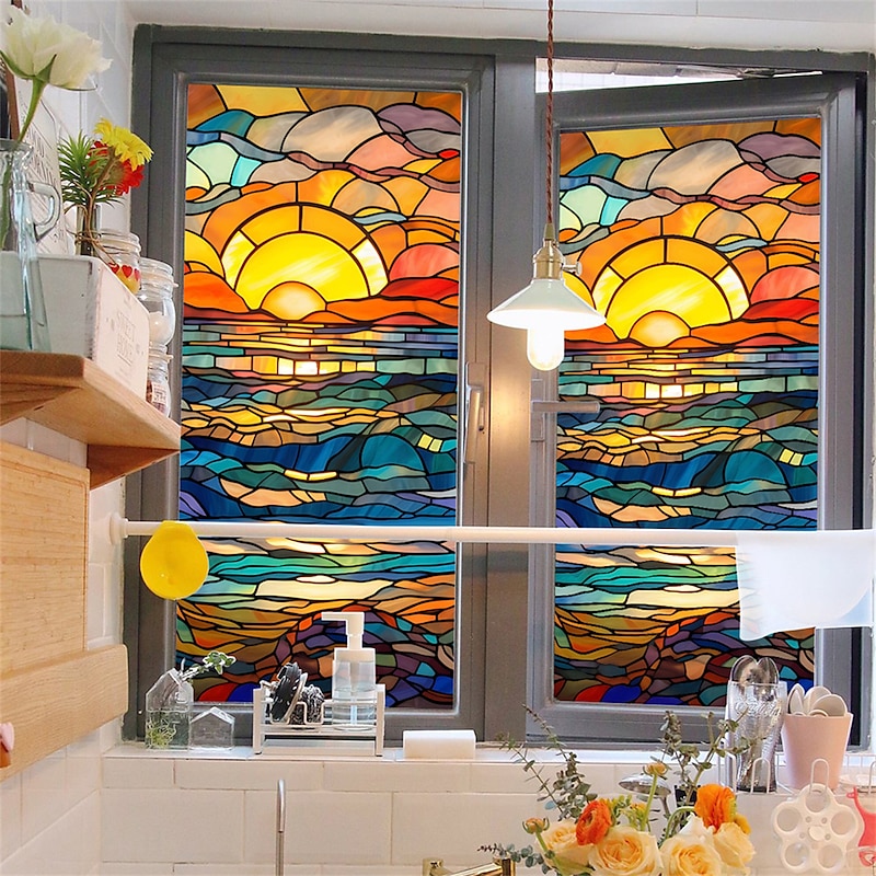 Stained Glass Window Film Colorful Window Stickers Stained Glass Electrostatic Removable Window Privacy Stained Decorative Film for Home Office2