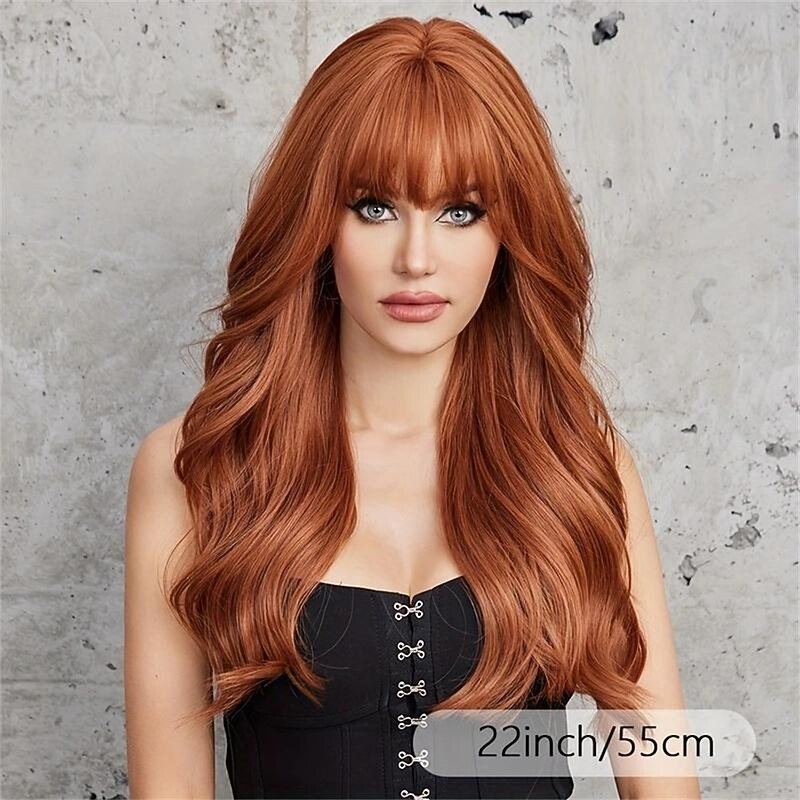 22inch Soft And Nature Long Curly Wigs Light Brown Wigs With Bangs Wigs For Women For Daily Life4