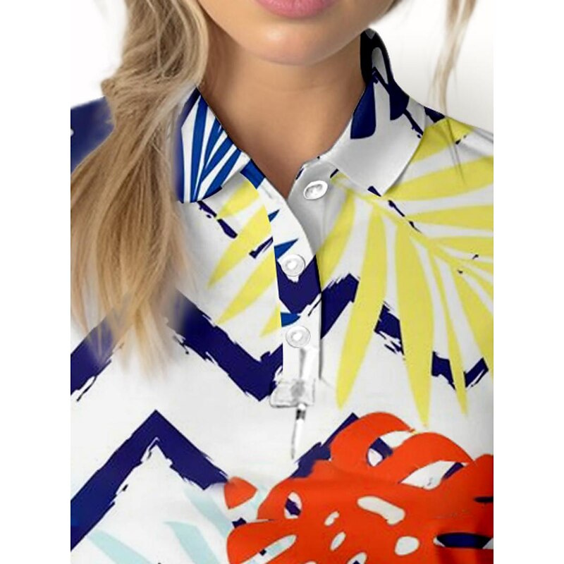 Women's Golf Polo Shirt Blue Short Sleeve Sun Protection Top Leaf Ladies Golf Attire Clothes Outfits Wear Apparel3