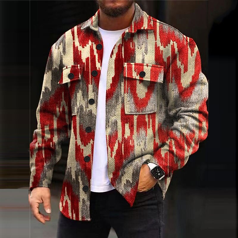 Men's Geometry Shirt Shirt Jacket Overshirt Long Sleeve Casual Outdoor Street Casual Daily Fall & Winter Turndown Buttons Pocket Print White Red khaki3