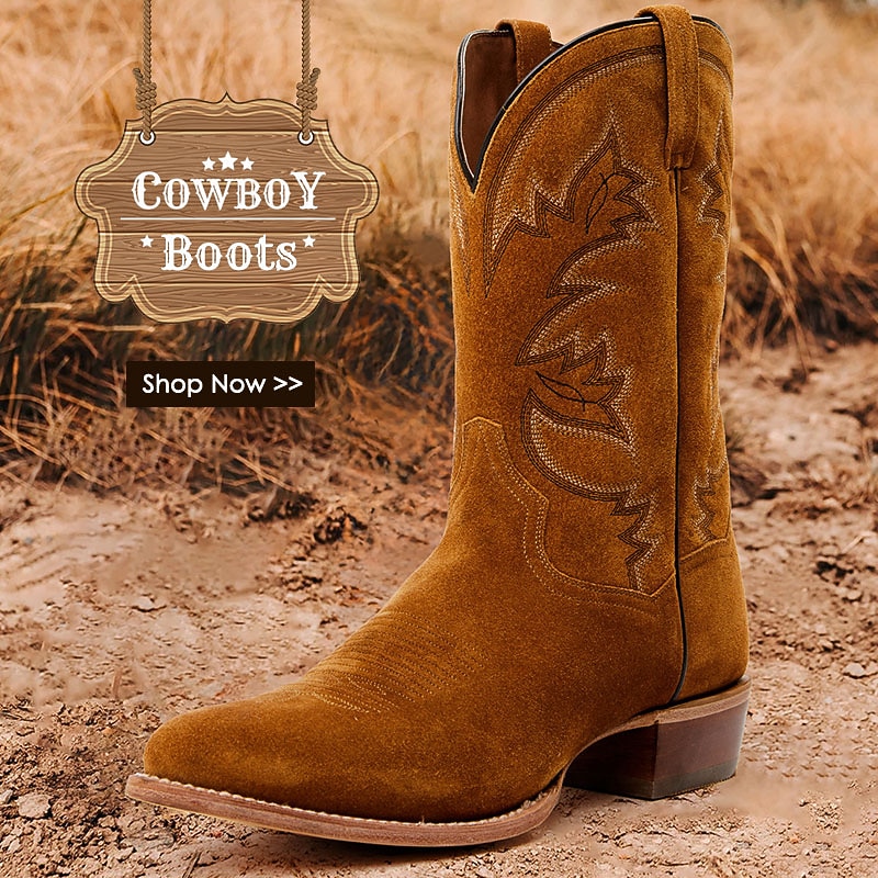 Men's Classic Suede Western Cowboy Boots - Brown Faux Leather Mid-Calf Embroidered Rodeo Style - Perfect for Rodeo, Country Weddings, and Outdoor Events