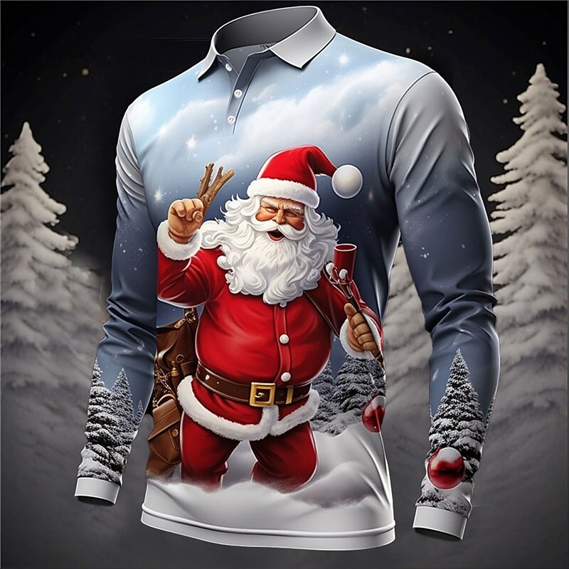Christmas Men's Santa Claus 3D Polo Santa Claus Casual Print 3D Golf Outdoor Casual Daily Streetwear Polyester Long Sleeve Turndown Shirts Blue Sky Blue Fall & Winter S M L Micro-elastic Lapel Polo2