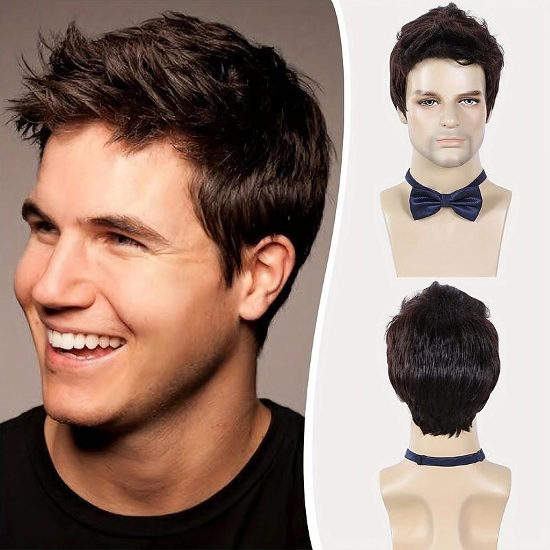 Men's Short Wigs 6 Inch Short Dark Brown Wigs Synthetic Straight Layered Wigs For Daily Cosplay Party Costume Wear