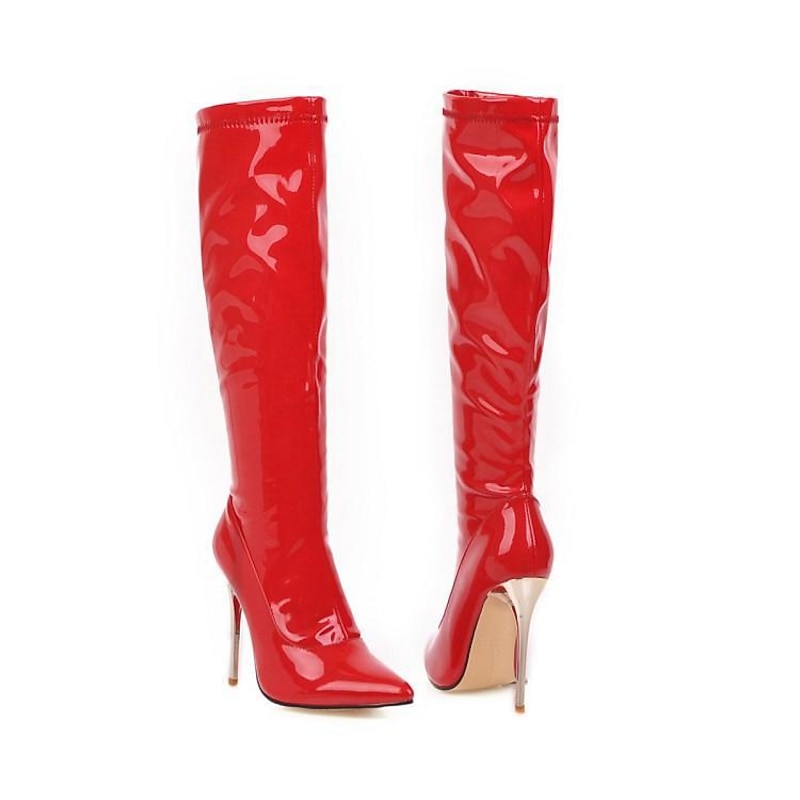 Women's Red Patent Leather Knee - High Boots, Sexy Stiletto Heel with Metallic Accent, Bold Night Out & Party Style2