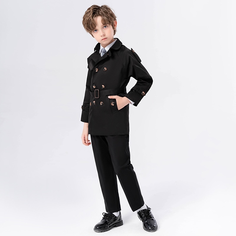Kids Boys' Trench Coat Outerwear Solid Color Long Sleeve Pocket Buttons Coat School Cool Daily Black 3-piece suit (jacket + pants + tie) Khaki 4-piece set (jacket + pants + shirt + tie) Black 2-piece3