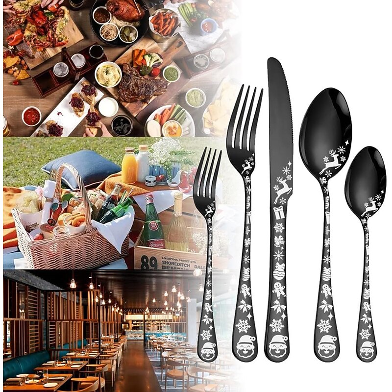 20/40 Piece Christmas Tableware Set for 8, Black Flatware set Service for 8,Unique Christmas Tree Snowflake Pattern DesignSatin Finish Cutlery for 8,Dishwasher Safe3