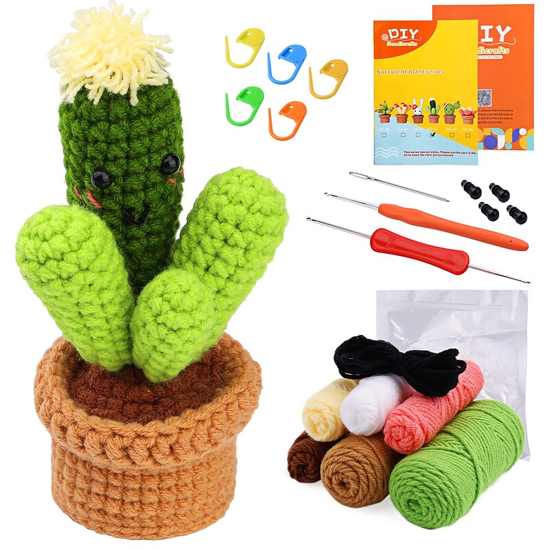 Crochet Kit for Beginners, Beginner Crochet Starter Kit with Step-by-Step Video Tutorials, Beginner Crochet Kit for Adults Kids, Knitting Kit for BeginnersThe Same Type Of Succulent Potted Cactus Crochet Wool Material Bag Is Hand Woven3