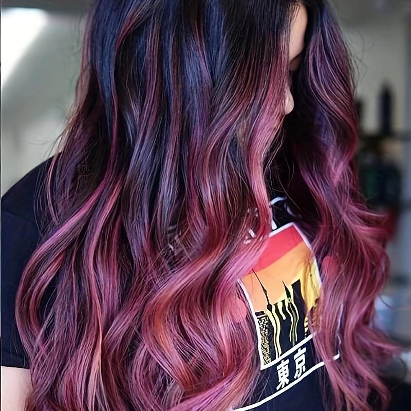 Long Straight Synthetic Wig - Green Wavy Purple Curly Hair Wig with Wine Red and Pink-purple Curly Hair - Stylish and Versatile Hairpiece for Women4