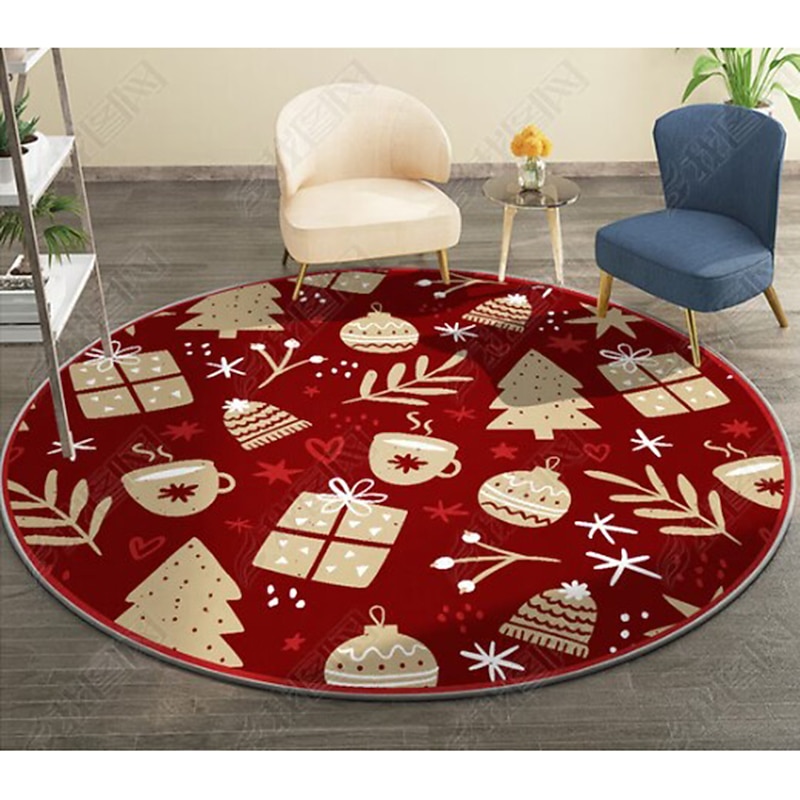 Christmas Decorations Round Area Rug  Washable Living Room Red Round Rug,Winter Soft Low Pile Bedroom Non-Slip Circular Mat,Moroccan Holiday Xmas Decor Floor Carpet for Bathroom Kitchen Dorm