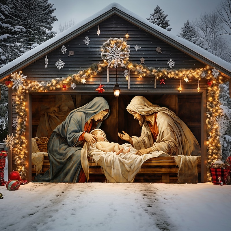 Christmas Door Decorations Nativity Scene Outdoor Garage Door Cover Xmas Door Banner Party Large Door Mural Backdrop Decoration for Holiday Home Wall Decorations