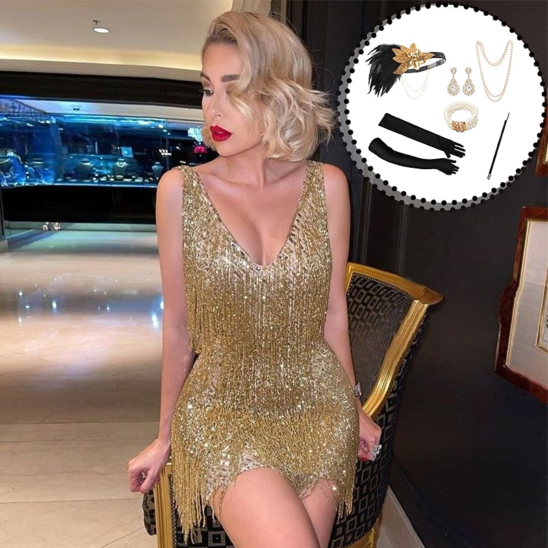 Set with MIni Flapper Dress Headband Opera Gloves Bracelet Necklace Earings Cigarette Holder Women's Roaring 20s 1920s Outfits Cocktail Masquerade Gatsby Christmas Attire Party Dress