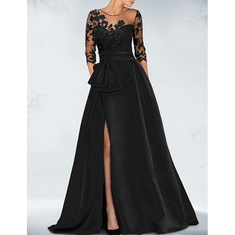 A-Line Mother of the Bride Evening Gown Black Dress Wedding Guest Fall Court Train 3/4 Length Sleeve Jewel Neck Satin with Beading Slit Appliques