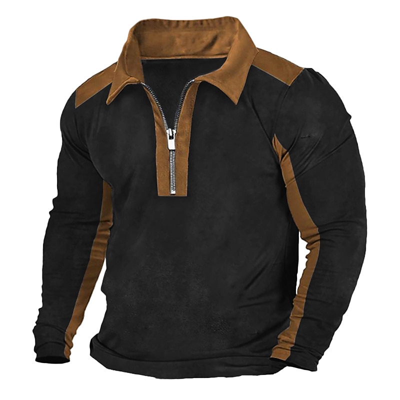 Men's Polo Shirt Quarter Zip Polo Work Daily Wear Lapel Long Sleeve Fashion Comfortable Color Block Pocket Zip Up Spring &  Fall Regular Fit Black Brown Army Green Dark Blue Polo Shirt3