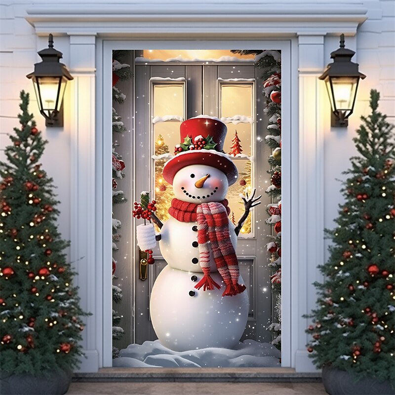 Christmas Door Decorations Snowman Door Covers Door Tapesty Door Curtain Decoration Backdrop Door Banner for Front Door Farmhouse Holiday Party Decor Supplies3