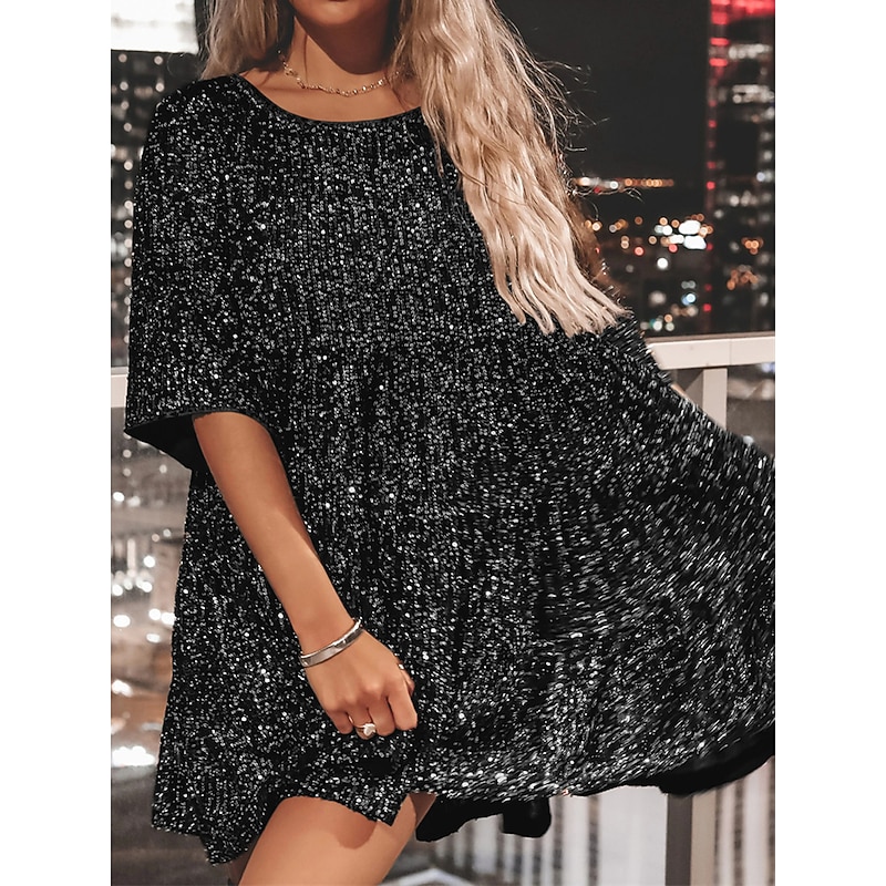 Women's Black Dress Sequin Dress Party Dress Sequins Glitter Crew Neck Half Sleeve Mini Dress Wedding Guest Silver Rose Gold Spring Fall