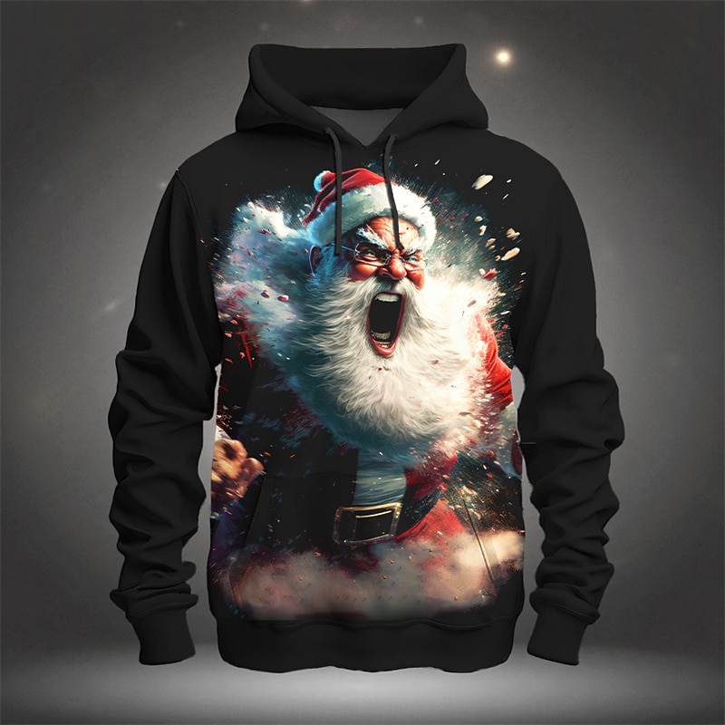 Christmas Men's Santa Claus 3D Hoodies Graphic Santa Claus Fashion 3D Print Sports Outdoor Holiday Hoodies Black Dark Green Long Sleeve Hooded Print Front Pocket Spring &  Fall Designer shirt