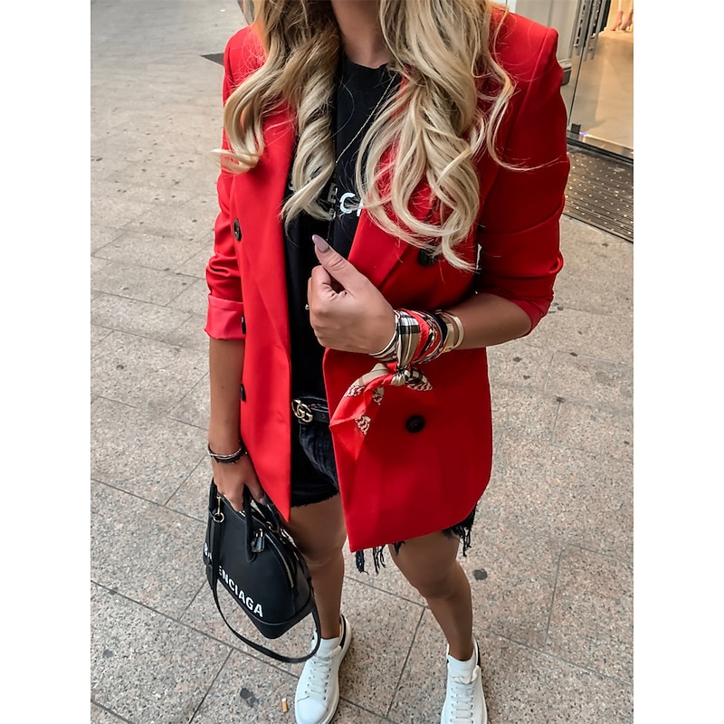 Women's Blazer Outdoor Button Solid Color Warm Fashion Regular Fit Outerwear Long Sleeve Fall Light Blue S4