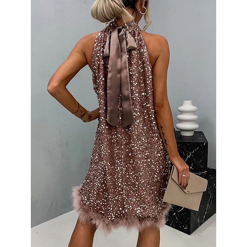 Women's Sequin Dress Party Dress Feather Dress Sequins Sparkly Halter Neck Sleeveless Mini Dress Winter Dress Wedding Guest Black Pink Spring Fall2