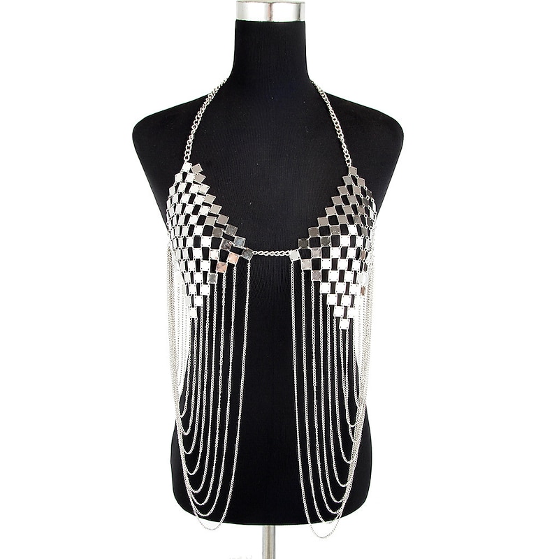 Metallic Backless Sparkle Camisole Body Chain Crop Tank Top Disco Tassel Fringe Fancy Dress Women's Carnival Party Club Adults Bra