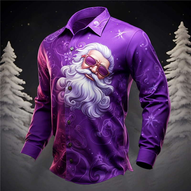 Christmas Men's Santa Claus Printed Shirts Santa Claus Casual Daily Wear Going out Fall & Winter Turndown Long Sleeve Purple, Fuchsia S, M, L 4-Way Stretch Fabric Christmas