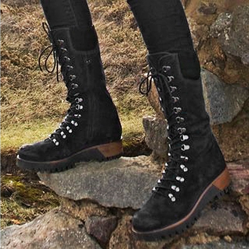 Women's Navy Suede Lace-Up Combat Boots with Side Zipper and Rugged Sole - Stylish High-Cut Boots for Winter and Outdoor Adventures3