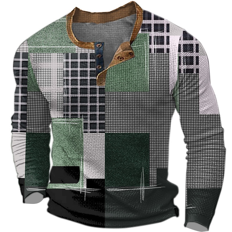 Men's Graphic Plaid Color Block Henley Shirt Waffle T Shirt Long Sleeve 3D Print Fashion Designer Retro Vintage Sports Outdoor Holiday Festival Spring &  Fall Burgundy Blue Green Gray Henley Henley2