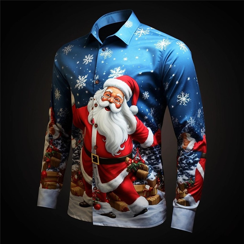 Christmas Men's Santa Claus Printed Shirts Santa Claus Casual Daily Wear Going out Fall & Winter Turndown Long Sleeve Navy Blue, Royal Blue, Blue S, M, L 4-Way Stretch Fabric Shirt3
