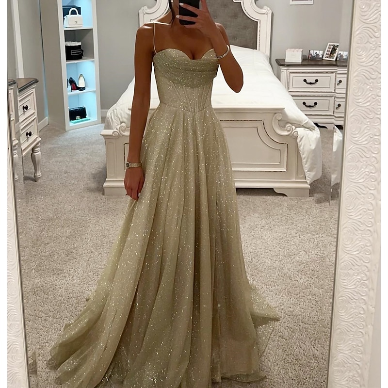 A-Line Gold Prom Dresses Glittering Dress Formal Evening Party Sweep / Brush Train Sleeveless Cowl Neck Tulle with Glitter Slit2