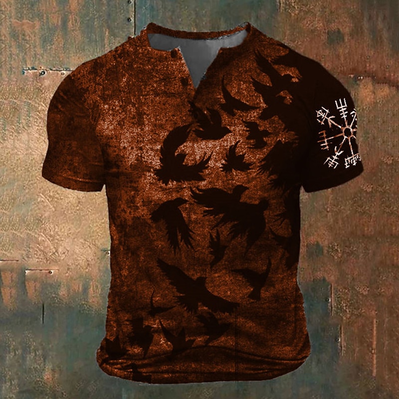 Men's Graphic Animal Viking T shirt Henley Shirt Short Sleeve 3D Print Fashion Retro Vintage Classic Sports Outdoor Holiday Going out Spring & Summer Blue Brown Green Gray Henley Henley T-Shirt2
