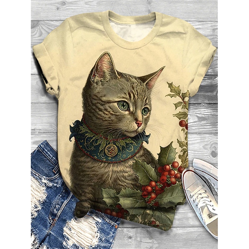 Women's T Shirt Fashion Cat Print Short Sleeve Regular Tops Round Neck Daily Weekend Black Yellow Navy Blue Beige Summer3