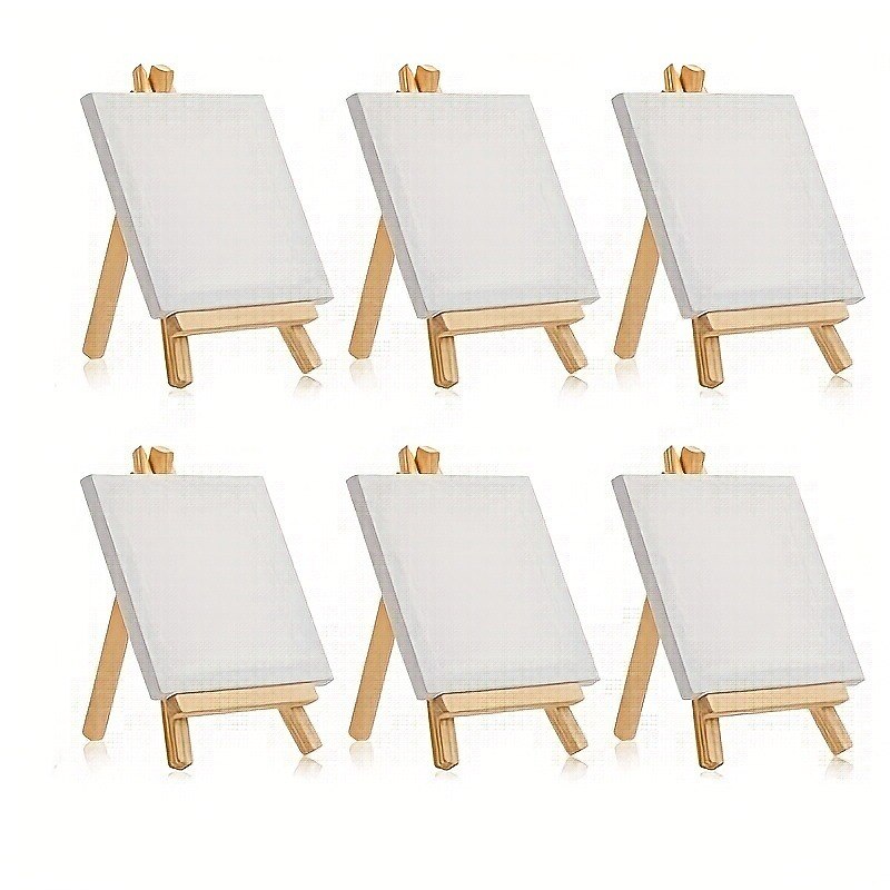 6 Pack Mini Canvas And Easel Set Mini Canvas Panels Mini Wood Easels Canvas Size Is 4 X 4 Easel Size Is 3.1 X 5.9 For Kids Painting Oil Painting And Diy Doodle
