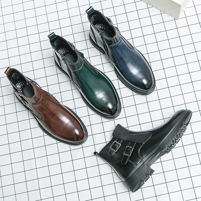 Men's Navy Blue Faux Leather Chelsea Boots, Double Buckle Ankle Boots with Elastic Side for Stylish Durable Wear 43