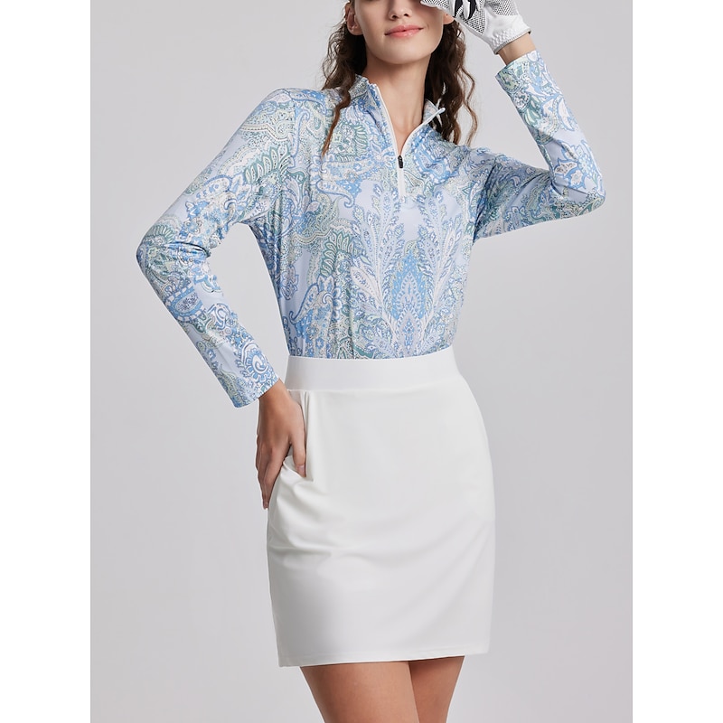 Women's Golf Polo Shirt Lake blue White Pink Long Sleeve Sun Protection Top Paisley Fall Winter Ladies Golf Attire Clothes Outfits Wear Apparel3