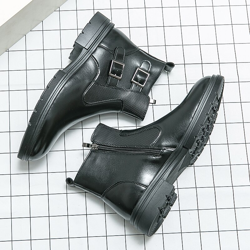 Men's Navy Blue Faux Leather Chelsea Boots, Double Buckle Ankle Boots with Elastic Side for Stylish Durable Wear 22