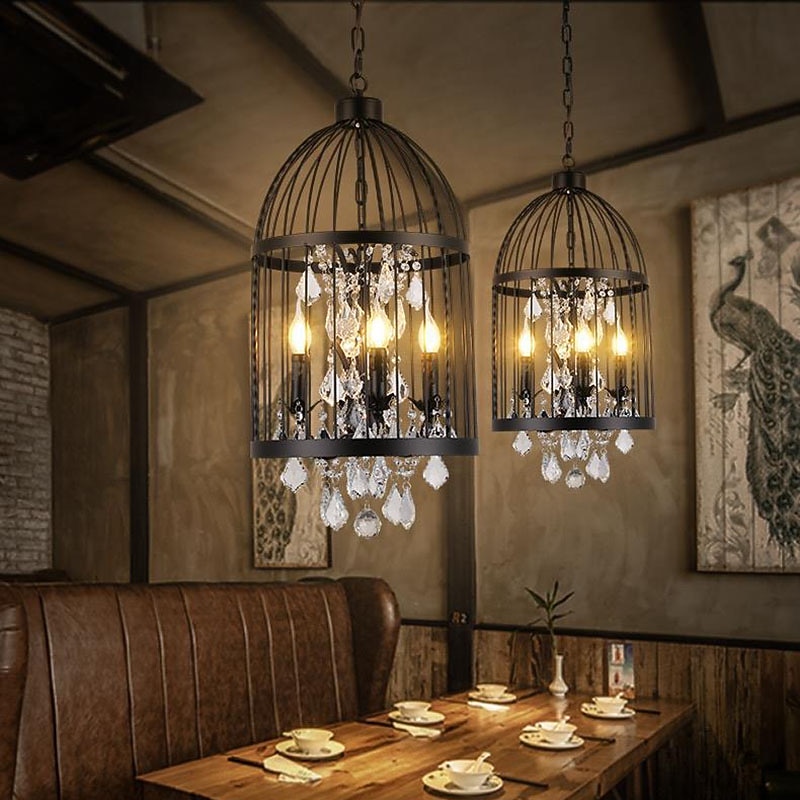 Industrial 13.78" 4 Lights Pendant Retro Chandelier Vintage Ceiling Light lamp Bird Cage Shaped Bedroom Pendant Hanging Lighting Fixture with Crystal Accent in Black Finish4