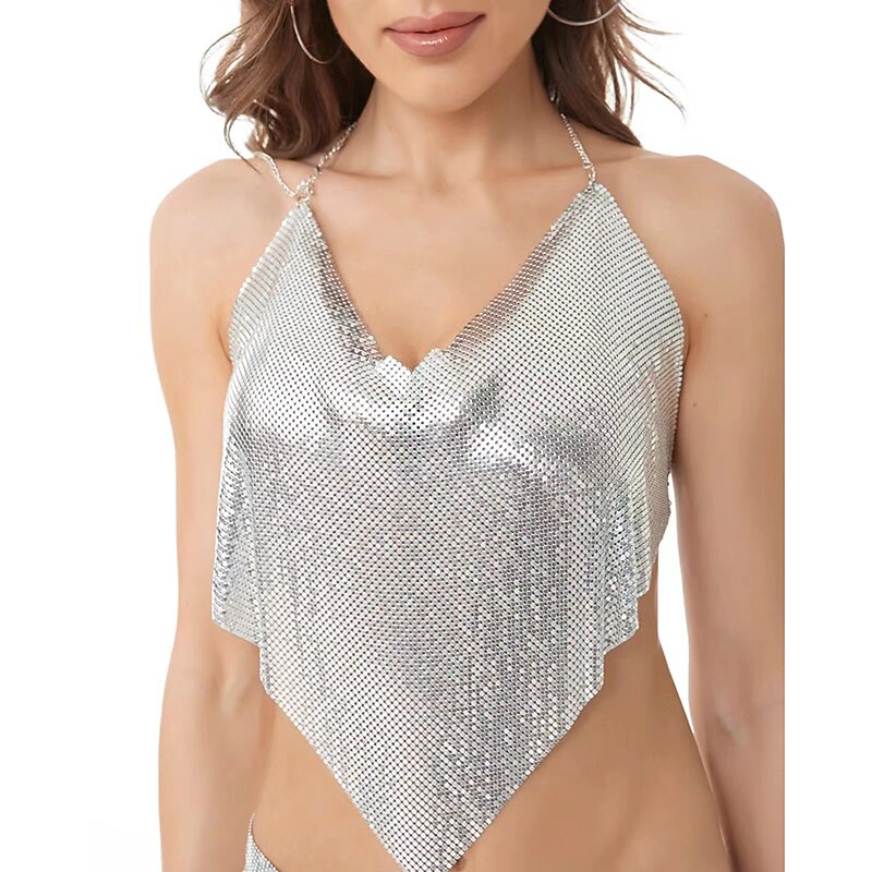 Metallic Backless Sparkle Camisole Body Chain Crop Tank Top Disco Solid Color Deep V Fancy Dress Women's Carnival Party Club Tank Top