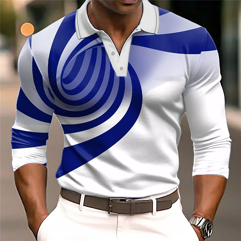 Men's Graphic Polo Shirts Golf Shirt Long Sleeve Polo Shirts Collared Shirts Casual Vacation Wear Rave Wear Party Outfits 3D Print Buttons Fall & Winter Black Wine Blue2