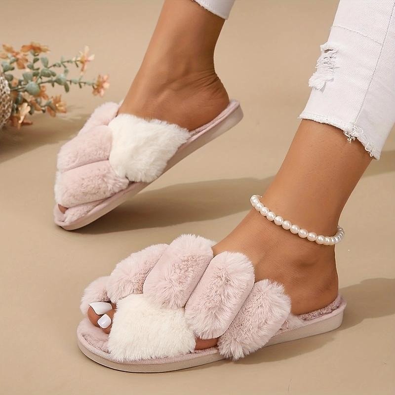 Women's Fluffy Plush Cross-Band Slippers – Soft Indoor Fleece House Slippers for Comfort and Warmth3