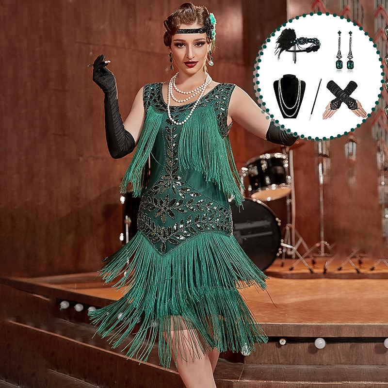 Sets with Flapper Dress Feather Headband Necklace Earrings Gloves Cigarette Holder 6 PCS Roaring 20s 1920s Cocktail Dress Masquerade The Great Gatsby Costumes Women's Attire Christmas Party