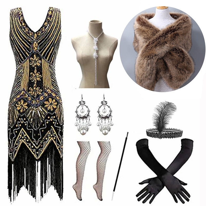 Set with Flapper Dress Feather Headband Faux Fur Long Gloves Necklace Earrings Cigarette Holder Shawl Outfits Vintage Cocktail Dress The Great Gatsby Women's Cosplay Costume New Year Christmas Party