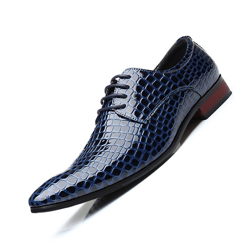 Men's Blue and Red Patent Faux Leather Oxford Shoes – Embossed Crocodile Pattern with Lace-Up Design for Formal Events and Business Wear4