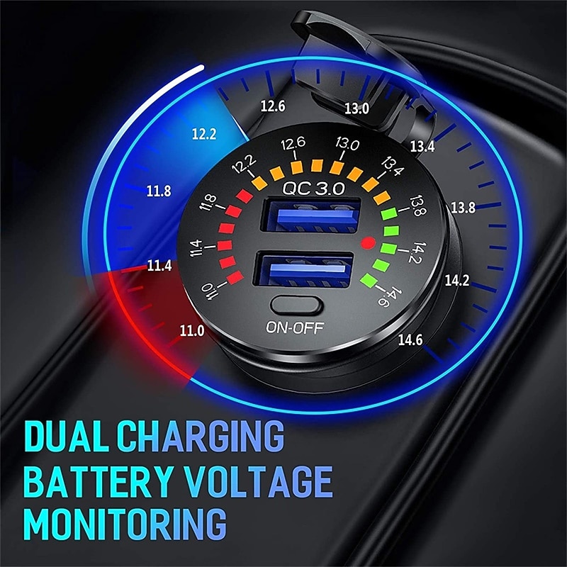 36W Dual USB QC3.0 Car Charger 12V USB Outlet Quick Charging Power Socket with Colorful Digital Voltmeter & ON/Off Switch & 10A Built-in Fuse for Vehicles Motorcycles Marine Boat ATV Bus Truck2