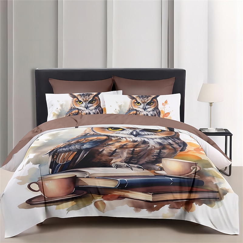 Owl Pattern Duvet Cover Set Bed Bed Set 2-Piece Set 3-Piece Lightweight Soft Short Plush Set Cotton Bedding Set Ultra Soft Comforter Set King Queen Duvet Cover4
