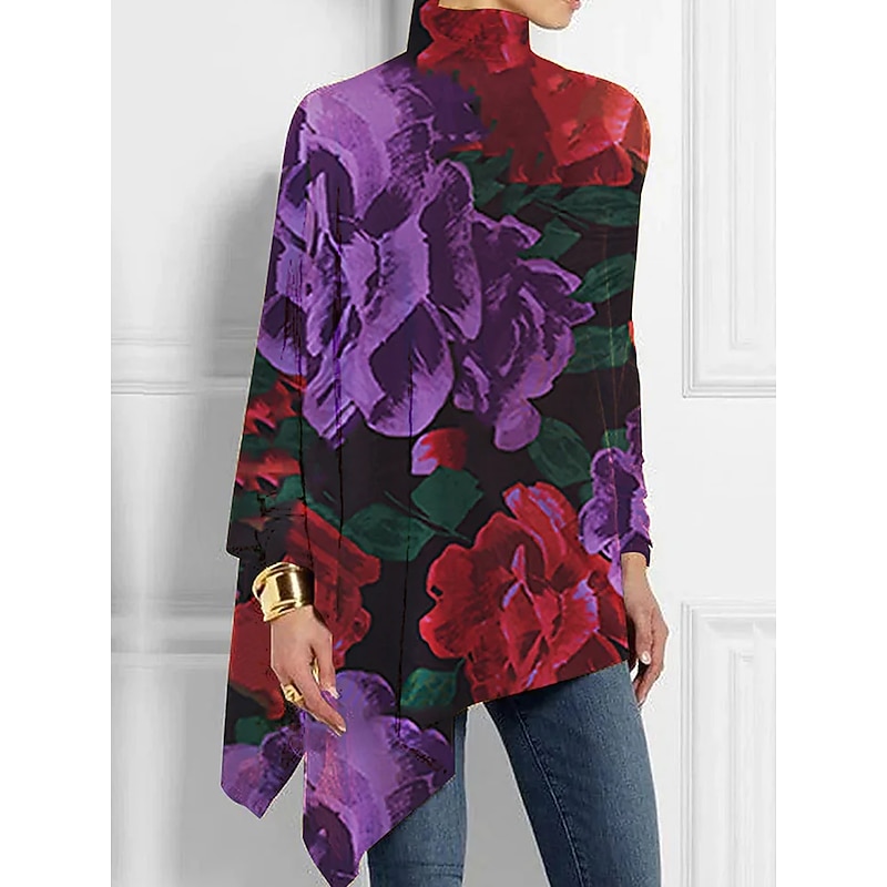 Women's T Shirt Floral Fashion Long Sleeve High Neck Long Tops Holiday Weekend Print Asymmetrical Black Yellow Red Blue Purple Spring &  Fall4