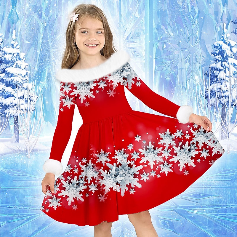 Girls' 3D Snowflake Dress Long Sleeve 3D Print Fall Winter Sports & Outdoor Daily Holiday Cute Casual Beautiful Kids 3-12 Years Casual Dress Swing Dress A Line Dress Above Knee Polyester Regular Fit4