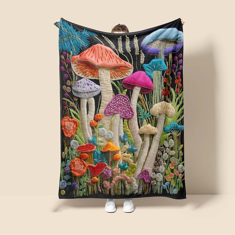 Mushroom Quilt Art Pattern Big Blanket Super Soft Throw Blanket Novelty Flannel Warm 3D Printed All Seasons Room Decor Gifts Big Blanket2